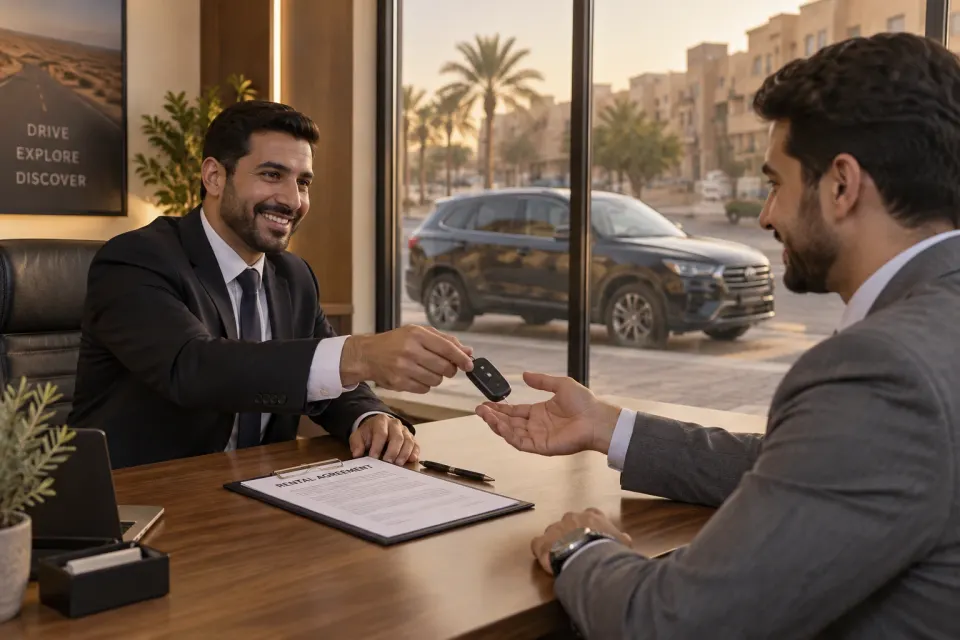 موظف تأجير يسلّم مفتاح سيارة لزبون فوق عقد إيجار، وسيارة دفع رباعي مركونة خارج النافذة